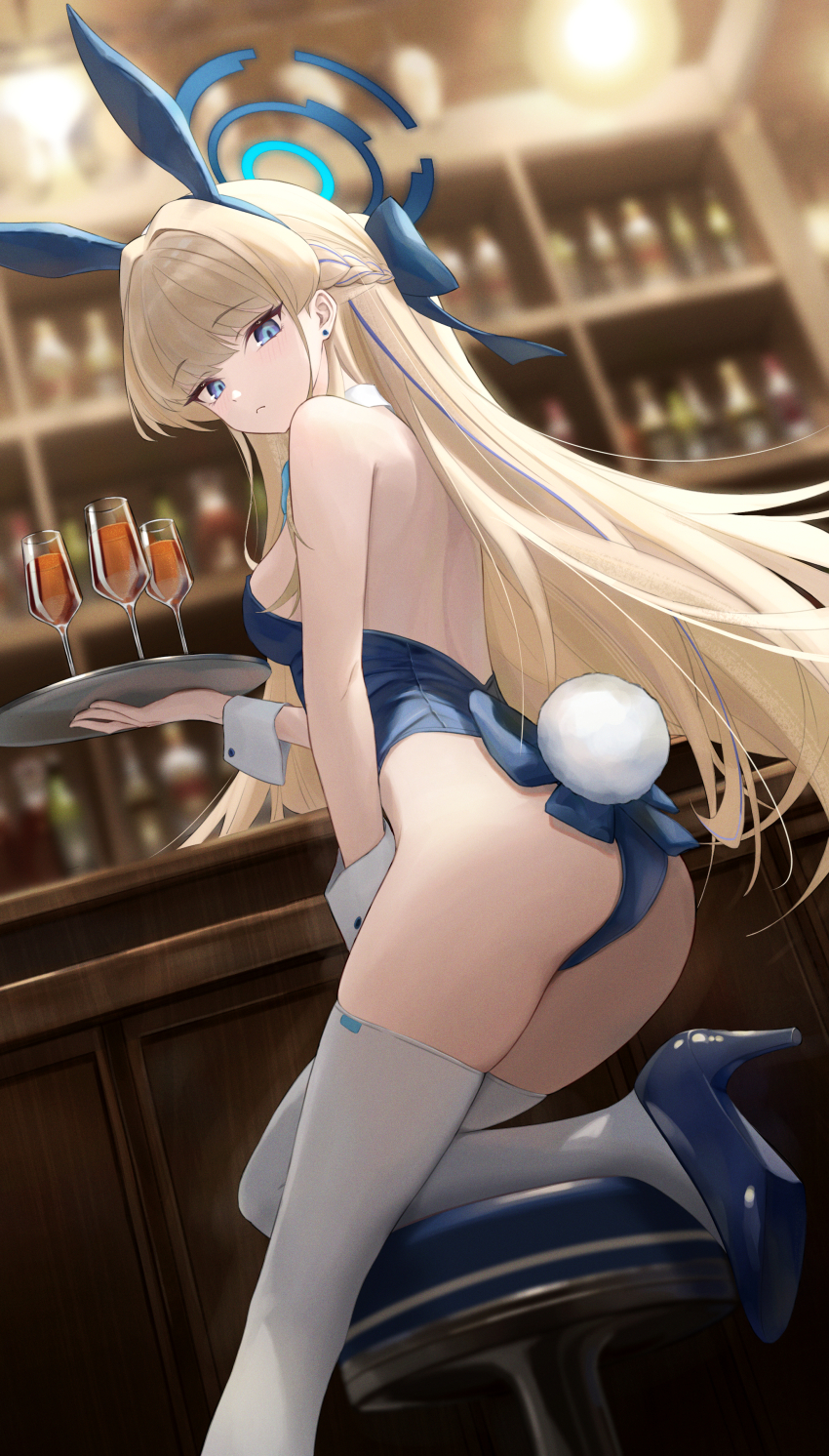 1girl absurdres alcohol animal_ear_hairband animal_ears ass bar_(place) bar_stool blonde_hair blue_archive blue_eyes blue_hair blue_leotard blurry blurry_background blush bottle breasts dixo_(user_srff3835) earrings fake_animal_ears fake_tail hairband half_up_braid halo highleg highleg_leotard highres indoors jewelry leotard long_hair looking_at_viewer looking_to_the_side medium_breasts multicolored_hair official_alternate_costume playboy_bunny rabbit_ear_hairband rabbit_ears rabbit_tail sideboob solo stool strapless strapless_leotard streaked_hair stud_earrings tail thighhighs toki_(blue_archive) toki_(bunny)_(blue_archive) two-tone_hair very_long_hair whiskey white_thighhighs wrist_cuffs