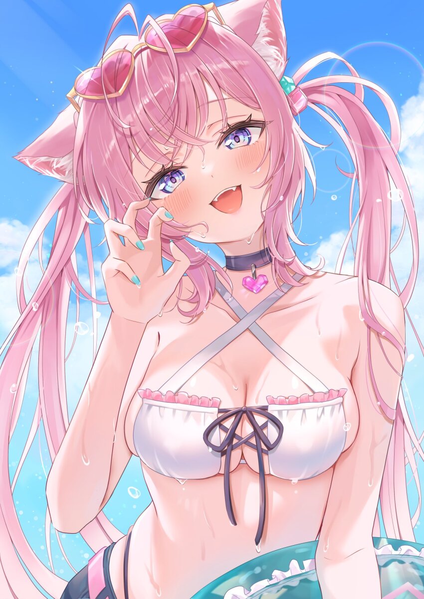 alternate_costume animal_ear_fluff animal_ears antenna_hair bare_shoulders bikini bikini_under_shorts blue_eyes blue_shorts blush breasts claw_pose cleavage collarbone hakui_koyori highres holding holding_sword holding_weapon hololive large_breasts null_maru open_mouth pink-tinted_eyewear pink_hair shorts sunglasses swim_ring swimsuit sword teeth tinted_eyewear tongue twintails upper_body upper_teeth_only virtual_youtuber weapon white_bikini wolf_ears wolf_girl