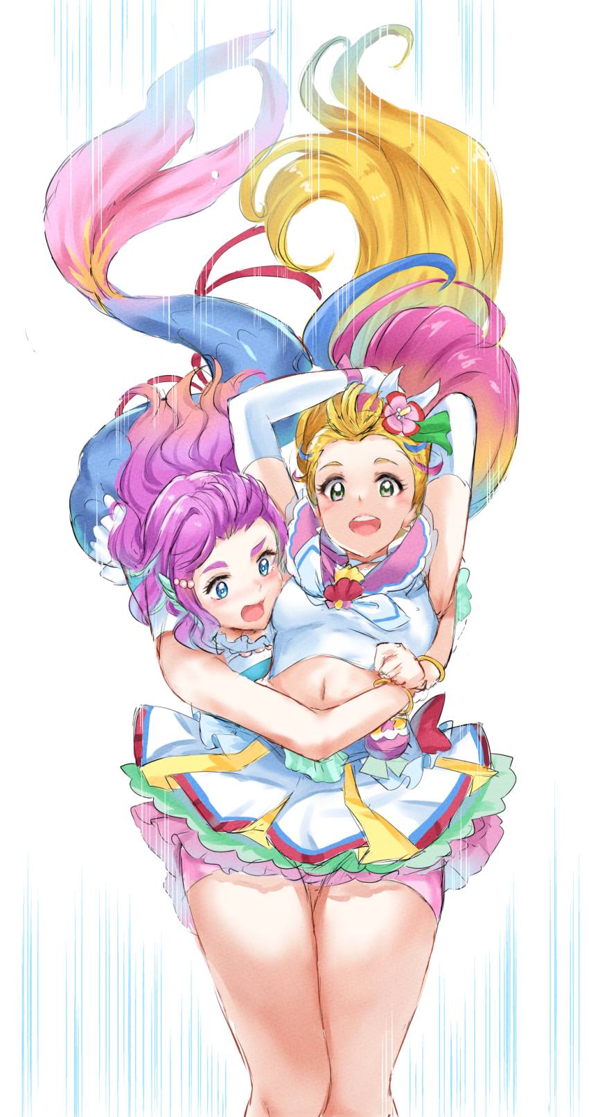 2girls :d bike_shorts_under_skirt blonde_hair blue_eyes cheek-to-breast cheek_squash cure_summer floating_hair flower gradient_hair green_eyes hair_flower hair_ornament highres kamishiro_ryuu laura_la_mer long_hair mermaid midriff monster_girl multicolored_hair multiple_girls natsuumi_manatsu navel open_mouth pink_eyes pink_hair pink_shorts precure shorts skirt smile teeth thick_eyebrows tropical-rouge!_precure two-tone_eyes upper_teeth_only very_long_hair wavy_hair