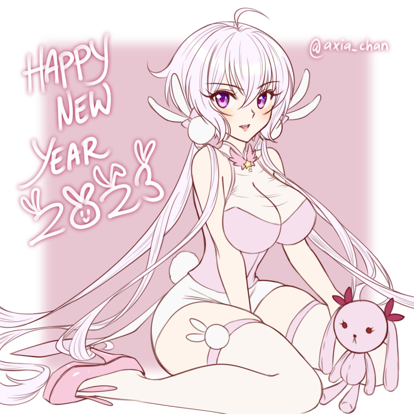 1girl ahoge alternate_costume axia-chan bare_shoulders breasts grey_hair hair_ornament happy_new_year highres large_breasts long_hair new_year purple_eyes rabbit_hair_ornament senki_zesshou_symphogear stuffed_animal stuffed_toy thighhighs twintails twitter_username very_long_hair white_thighhighs yukine_chris