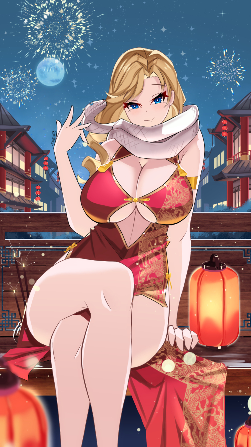 1girl aerial_fireworks alternate_costume architecture azur_lane bare_legs blonde_hair blue_eyes breasts center_opening china_dress chinese_clothes chinese_new_year chinese_zodiac cleavage commentary crossed_legs dress east_asian_architecture english_commentary fireworks full_moon gold_armlet highres hood_(azur_lane) lantern looking_at_viewer moon snake snake_wrapped_around_neck year_of_the_snake zer0z_vi