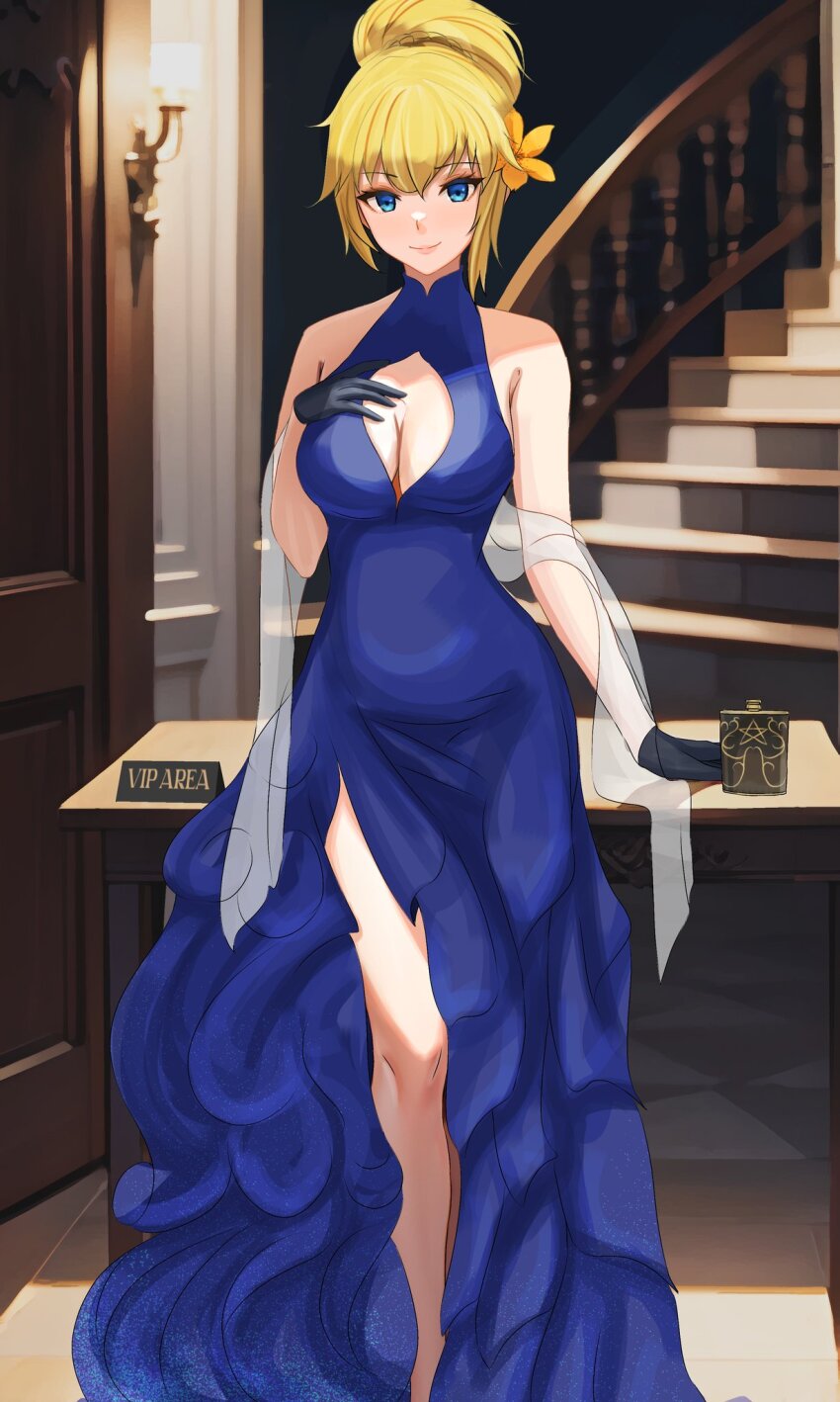 1girl ak-47_(girls&#039;_frontline) black_gloves blonde_hair blue_dress breasts cleavage cleavage_cutout closed_mouth clothing_cutout commentary dgkamikaze door dress english_commentary flower girls&#039;_frontline gloves hair_flower hair_ornament highres indoors lamp large_breasts long_dress long_hair looking_at_viewer second-party_source smile solo stairs standing yellow_flower