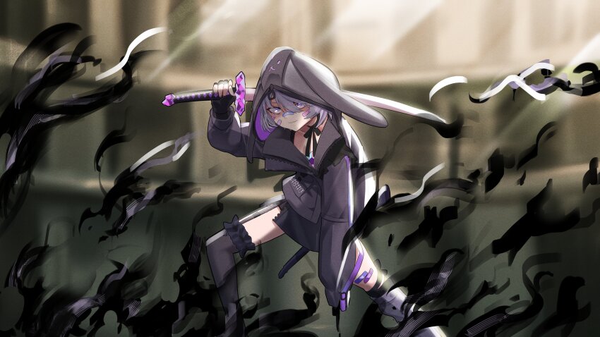 1girl absurdres animal_ear_hood bandaid bandaid_on_face bandaid_on_nose black_jacket black_ribbon black_skirt black_thighhighs chest_jewel closed_mouth fake_animal_ears grey_hair grey_leg_warmers highres holding holding_sword holding_weapon hololive hololive_english hood hood_up hooded_jacket jacket katana koizumi_arata koseki_bijou koseki_bijou_(3rd_costume) leg_warmers looking_at_viewer neck_ribbon official_alternate_costume over_shoulder purple_eyes ribbon single_thighhigh skirt smile solo sword sword_over_shoulder thighhighs virtual_youtuber weapon weapon_over_shoulder