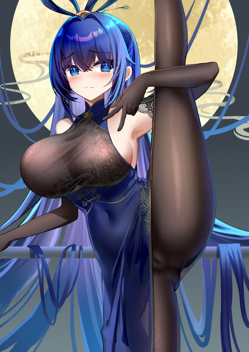 1girl absurdly_long_hair absurdres akusamu azur_lane bare_shoulders black_gloves blue_dress blue_eyes bodystocking breasts cameltoe china_dress chinese_clothes dress elbow_gloves feet_out_of_frame framed_breasts full_moon gloves hair_rings highres large_breasts long_hair looking_at_viewer moon new_jersey_(azur_lane) new_jersey_(dancing_in_the_moonlight)_(azur_lane) official_alternate_costume solo split standing standing_on_one_leg standing_split very_long_hair