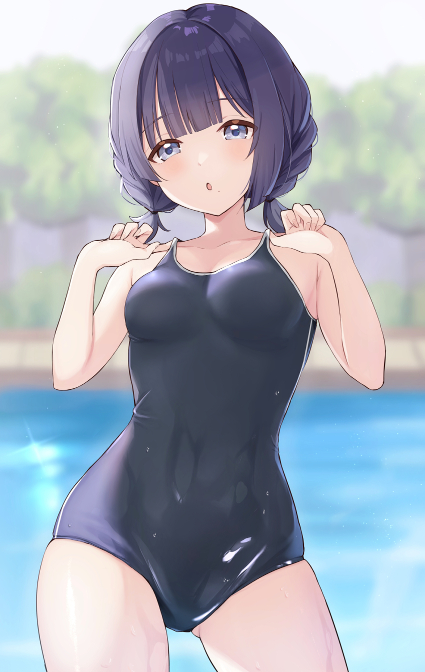 1girl bare_shoulders blue_eyes blue_hair blurry blurry_background blush breasts competition_swimsuit covered_navel gakuen_idolmaster hataya_misuzu highres idolmaster looking_at_viewer low_twintails medium_breasts medium_hair one-piece_swimsuit open_mouth outdoors peanut_mouth poolside solo swimsuit twintails ura_(hamburg_oniku) wet wet_clothes wet_swimsuit