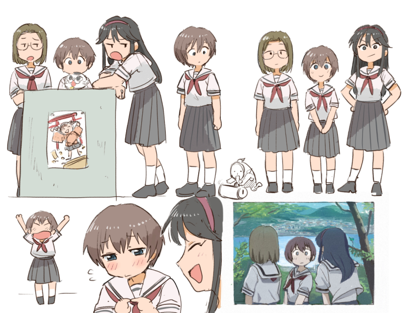 3girls blush bob_cut brown_hair expressions full_body glasses hairband hitotsubashi_yurie japanese_clothes kamichu! long_hair miko multiple_girls multiple_views open_mouth saegusa_matsuri sailor_collar school_uniform shijou_mitsue short_hair simple_background skirt tsubobot white_background