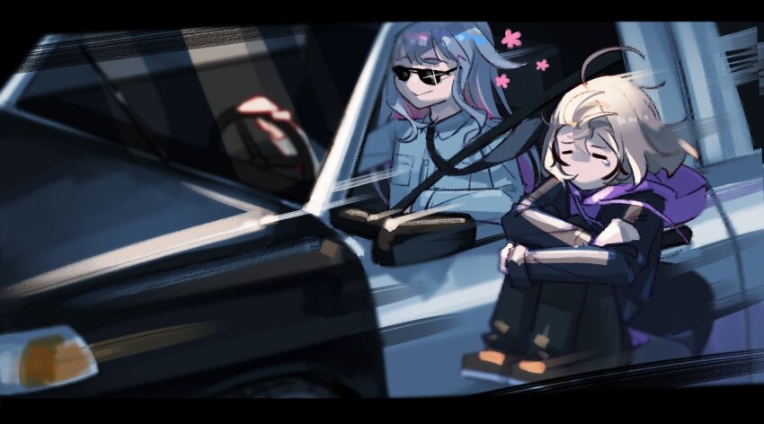 2girls :&gt; =_= ahoge black_jacket black_pants brown_hair car colored_inner_hair crying driving floating flower glint grey_hair hair_flaps hololive hololive_english hololive_grand_theft_auto hood hoodie hugging_own_legs jacket koseki_bijou letterboxed long_hair motor_vehicle multicolored_hair multiple_girls nanashi_mumei onecolo133 pants pink_hair police police_car police_uniform policewoman purple_hoodie shoes short_hair single_tear sketch smile sneakers streaked_hair sunglasses very_long_hair virtual_youtuber