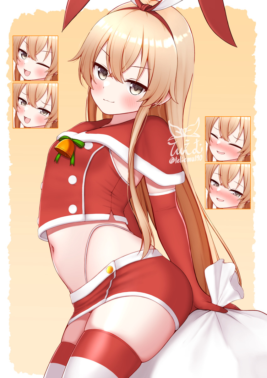 1girl absurdres bell blonde_hair blush breasts capelet christmas closed_mouth commentary_request crop_top elbow_gloves expressions fur_trim gloves hair_between_eyes highleg highleg_panties highres holding holding_sack kantai_collection long_hair looking_at_viewer midriff miniskirt open_mouth panties red_capelet red_gloves red_skirt sack santa_costume shimakaze_(kancolle) sidelocks simple_background skindentation skirt small_breasts solo striped_clothes striped_thighhighs thighhighs thong tiemu_(man190) twitter_username underwear