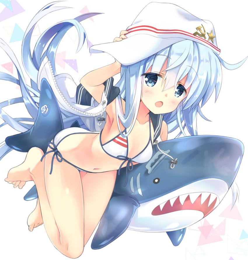 1girl barefoot bikini blue_eyes collarbone commentary_request female_focus flat_cap flat_chest full_body hammer_and_sickle hat hibiki_(kancolle) highres hizuki_yayoi hood hooded_vest hoodie inflatable_shark inflatable_toy kantai_collection looking_at_viewer navel open_mouth side-tie_bikini_bottom silver_hair simple_background solo swimsuit verniy_(kancolle) vest white_background white_bikini white_hat white_vest