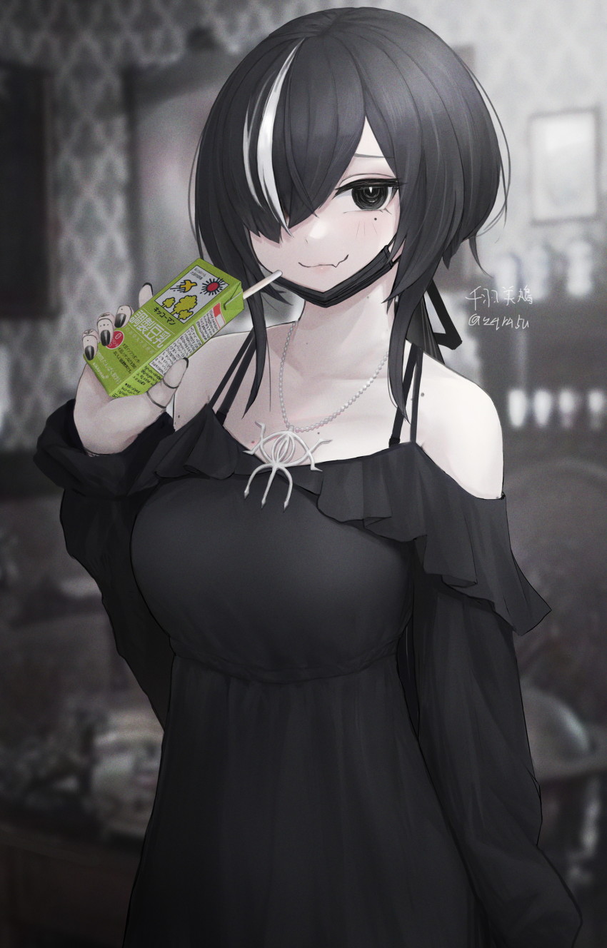 1girl absurdres bare_shoulders black_eyes black_hair blurry blurry_background breasts fang hair_over_one_eye highres jewelry juice_box looking_at_viewer mask mechanical_hands medium_breasts mihato_senba mole mole_under_eye mouth_mask multicolored_hair original pale_skin pendant short_hair_with_long_locks single_mechanical_hand skin_fang smile solo streaked_hair