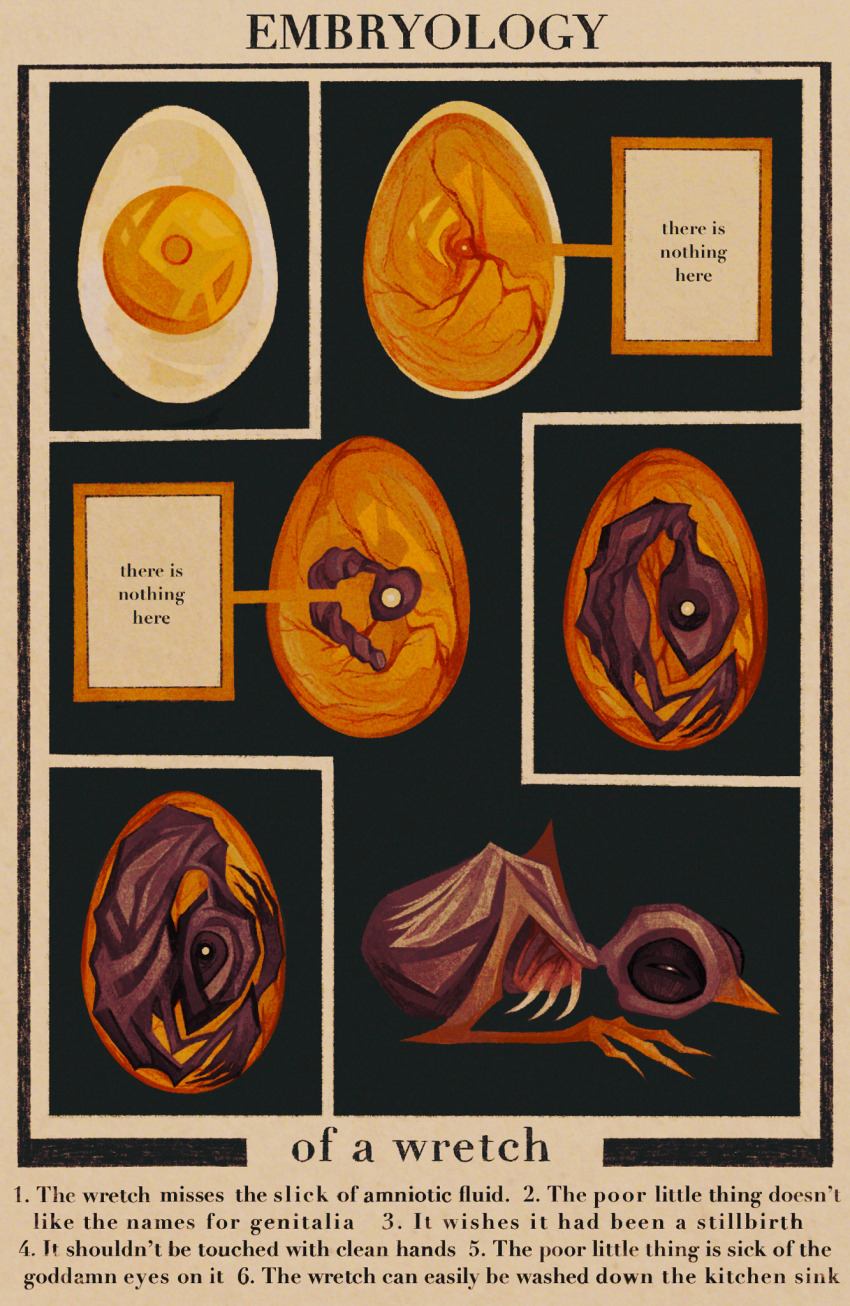 age_progression amniotic_sac animal animal_focus bird black_background black_border border brown_border chick diagram egg egg_yolk embryo english_text fetus hatching highres inset_border monochrome orange_theme original quezify simple_background squinting symbolism text_focus timeline title wings