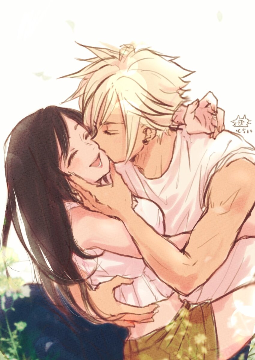 1boy 1girl bare_arms bare_shoulders black_hair blonde_hair blurry blurry_foreground breasts closed_eyes cloud_strife couple cowboy_shot dappled_sunlight earrings facing_another falling_petals final_fantasy final_fantasy_vii flower frilled_shirt frills hand_on_another&#039;s_face happy highres hug jewelry kiss kissing_cheek long_hair medium_breasts midriff ninnin5tora open_mouth outdoors petals shirt short_hair shorts sitting sleeveless sleeveless_shirt smile spiked_hair stud_earrings sunlight tifa_lockhart white_background white_shirt yellow_shorts