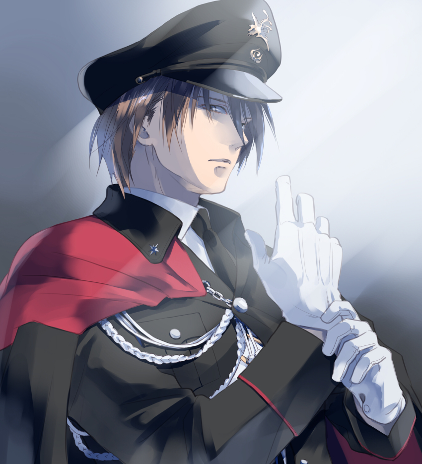 1boy aiguillette black_hat black_jacket blue_eyes blue_hair brown_hair buttons cape closed_mouth dressing expressionless getbackers gloves gradient_hair hat highres jacket kakei_juubei long_sleeves looking_at_viewer male_focus matching_hair/eyes military military_uniform multicolored_hair papillon10 peaked_cap pocket red_cape sleeve_cuffs solo upper_body white_gloves wing_collar