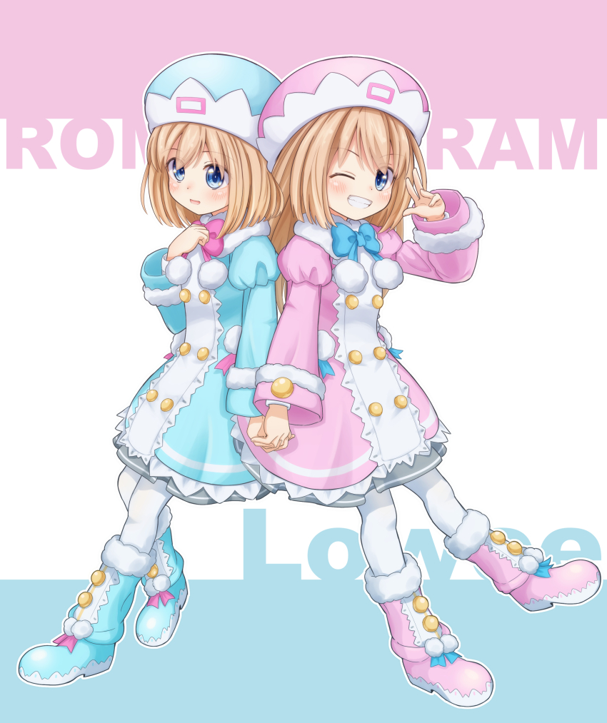 2girls absurdres blue_boots blue_bow blue_bowtie blue_coat blue_eyes boots bow bowtie brown_hair coat fur-trimmed_coat fur_trim hand_up highres holding_hands long_hair medium_hair multiple_girls neptune_(series) one_eye_closed open_mouth pink_boots ram_(neptunia) rom_(neptunia) shionic_zm siblings sisters