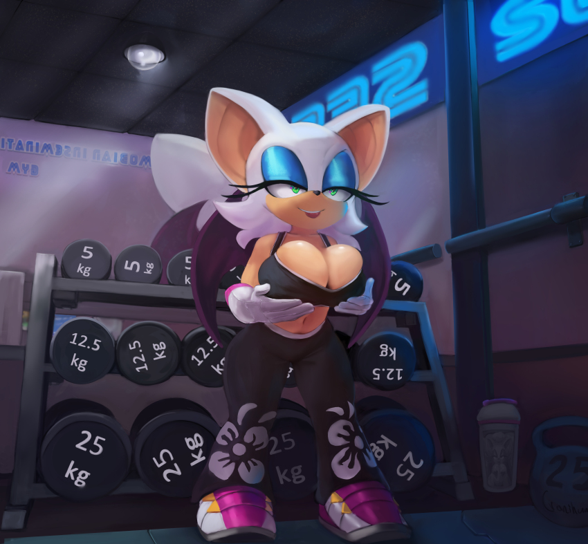 1girl absurdres animal_ears animal_nose bat_ears bat_girl bat_wings blue_eyeshadow breasts cranihum dumbbell eyeshadow floral_print furry furry_female gloves grabbing_own_breast green_eyes gym highres large_breasts leaning_forward makeup mirror neon_lights official_alternate_costume pants rouge_the_bat sega shoes smile sneakers solo sonic_(series) sonic_riders_(series) sports_bra thermos tongue tongue_out weight_rack white_fur wings yoga_pants