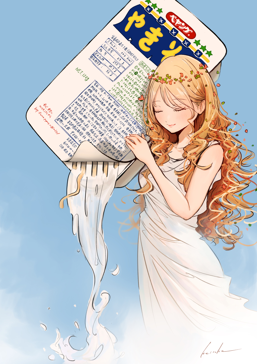 1girl absurdres blonde_hair blue_background closed_eyes closed_mouth commentary_request curly_hair dress food-themed_hair head_wreath highres keisuke1105 liquid long_hair original oversized_object pouring signature solo white_dress