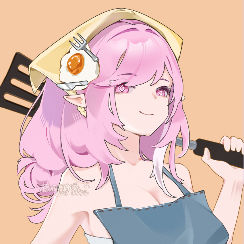 1girl apron bare_shoulders blue_apron breasts cleavage egg_hair_ornament elysia_(honkai_impact) food-themed_hair_ornament hair_ornament hand_up headscarf holding holding_spatula honkai_(series) honkai_impact_3rd long_hair looking_at_viewer pink_eyes pink_hair pointy_ears smile solo spatula thoyadoggy upper_body