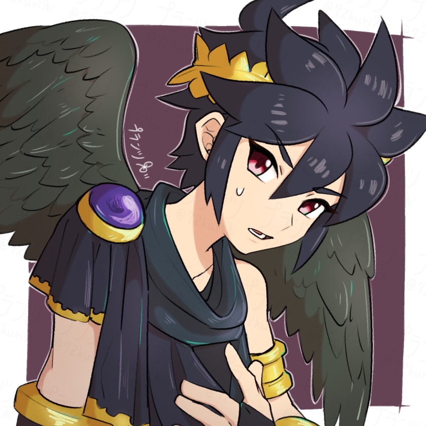 1boy 72kuri ahoge angel angel_wings black_hair dark_pit highres kid_icarus kid_icarus_uprising laurel_crown looking_at_viewer male_focus nintendo open_mouth outline red_eyes solo upper_body white_outline wings