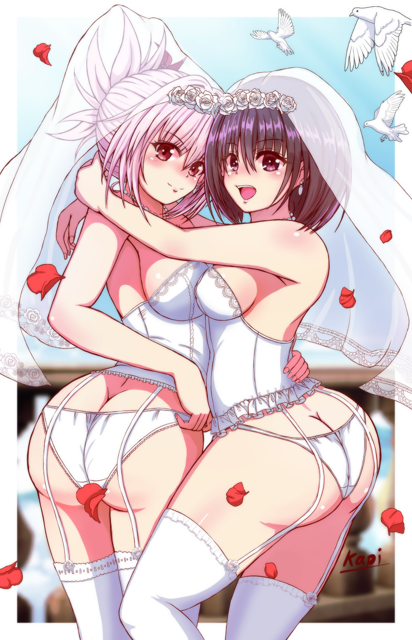 2girls absurdres ass ayakashi_triangle big_kapipara blush bridal_veil butt_crack garter_straps genderswap genderswap_(mtf) highres hug kanade_suzu kazamaki_matsuri kazamaki_matsuri_(female) multiple_girls open_mouth red_eyes thighhighs veil