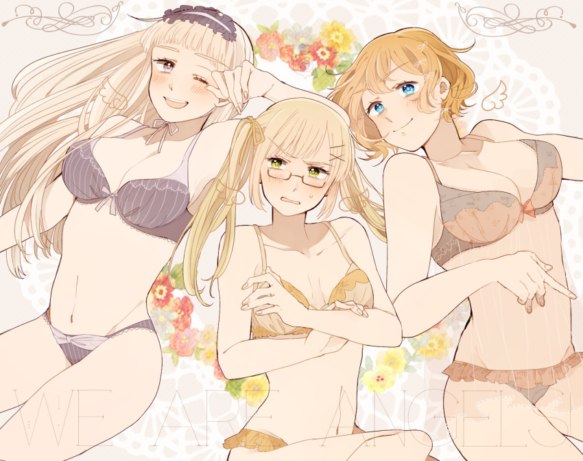 3girls america_(female)_(hetalia) america_(hetalia) axis_powers_hetalia blonde_hair blue_eyes blush bow bow_bra bow_panties bra breasts brown_bra brown_panties closed_mouth collarbone cowboy_shot crossed_arms english_text fingernails floral_background frills genderswap genderswap_(mtf) green_eyes hair_ornament hair_ribbon hairband hairclip highres large_breasts lolita_hairband long_hair looking_at_another looking_at_viewer medium_breasts multiple_girls navel neck_ribbon ninonuko open_mouth orange_bra orange_hair orange_panties orange_ribbon panties purple_bra purple_eyes purple_hairband purple_panties purple_ribbon ribbon russia_(hetalia) short_hair smile teeth twintails underwear united_kingdom_(female)_(hetalia) united_kingdom_(hetalia) v-shaped_eyebrows white_hair x_hair_ornament