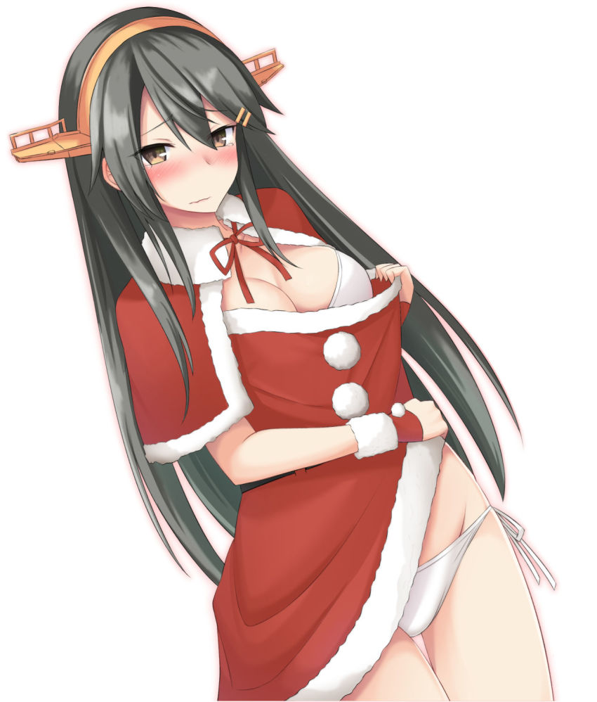 1girl akahi242 bikini black_hair blush breasts brown_eyes capelet cleavage clothes_lift cowboy_shot dress dress_lift fingerless_gloves fur-trimmed_capelet fur-trimmed_dress fur-trimmed_gloves fur_trim gloves hair_ornament hairclip haruna_(christmas_mode)_(kancolle) haruna_(kancolle) headgear highres kantai_collection large_breasts lifting_own_clothes long_hair looking_at_viewer red_dress santa_costume simple_background solo swimsuit wavy_mouth white_background white_bikini