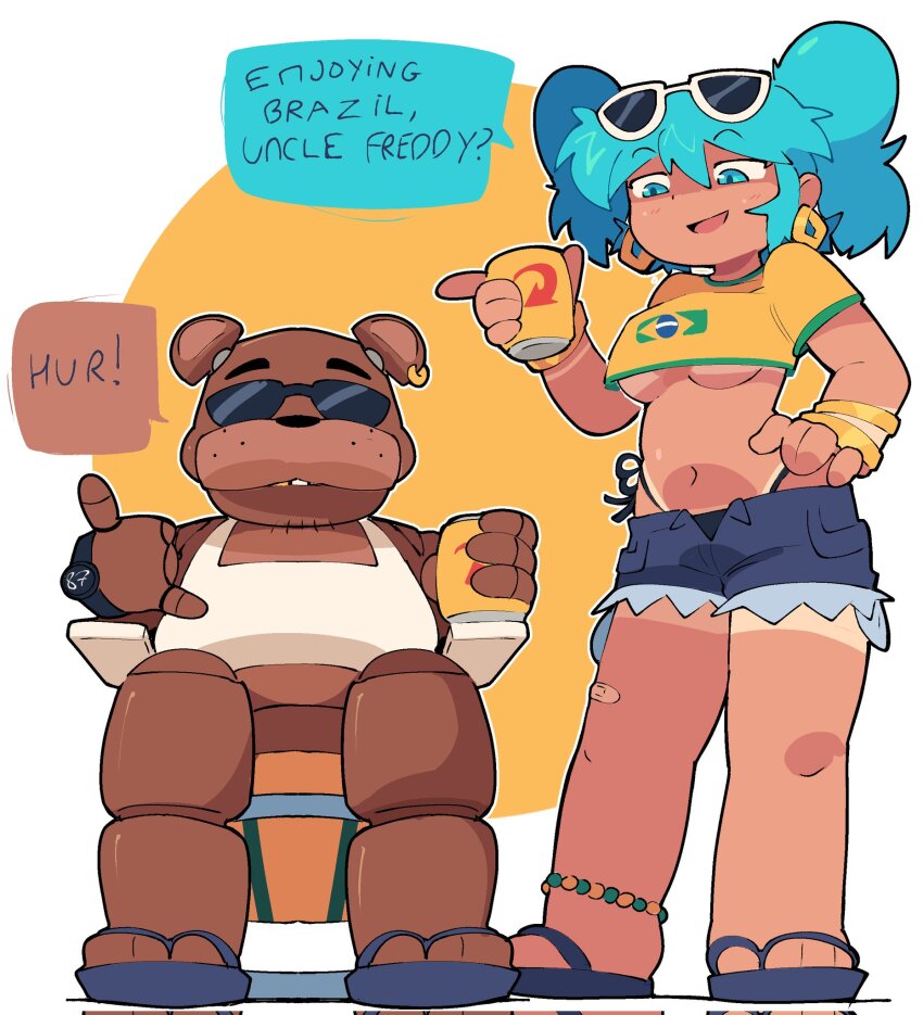 1boy 1girl abstractpurple aqua_eyes aqua_hair bandaid bandaid_on_leg bead_anklet bear_boy bikini_under_shorts bracelet brazilian_flag_print brazilian_miku breasts can dark-skinned_female dark_skin denim denim_shorts earrings eyewear_on_head five_nights_at_freddy&#039;s flip-flops freddy_fazbear gold_teeth hatsune_miku highres holding holding_can jewelry medium_breasts navel sandals shirt short_shorts shorts single_earring sitting speech_bubble sunglasses tan tanline twintails underboob vocaloid watch wristwatch yellow_shirt