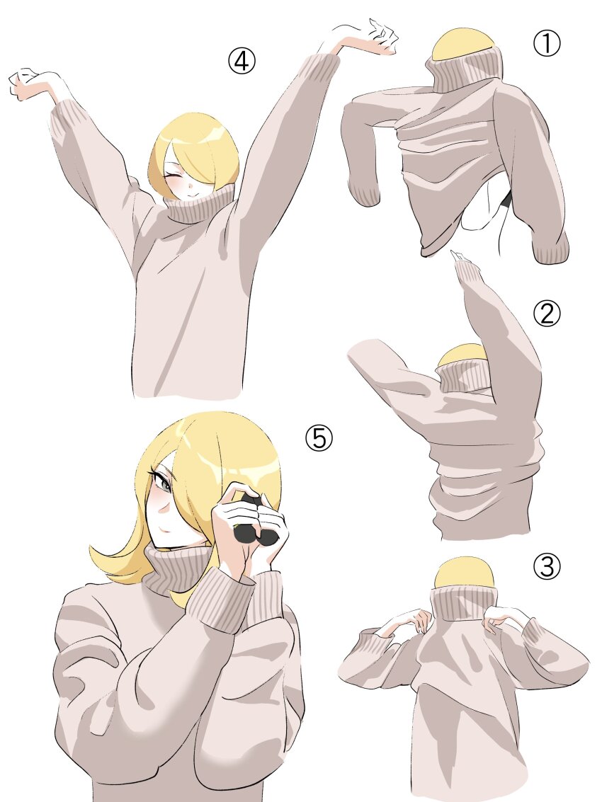 1girl absurdres alternate_costume arms_up blonde_hair blush closed_eyes closed_mouth creatures_(company) cynthia_(pokemon) game_freak grey_eyes grey_sweater hair_over_one_eye highres mijukuma multiple_views nintendo pokemon pokemon_dppt simple_background smile standing sweater turtleneck turtleneck_sweater white_background