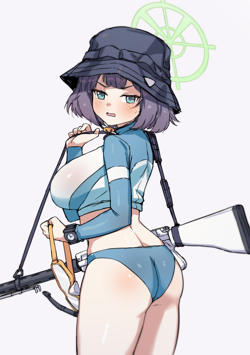 1girl absurdres arca.live_(website) ass bare_legs blue_archive blue_eyes cleanerjay cowboy_shot crop_top gun halo hat highres purple_hair saki_(blue_archive) saki_(swimsuit)_(blue_archive) short_hair simple_background solo swimsuit thigh_gap watch weapon white_background