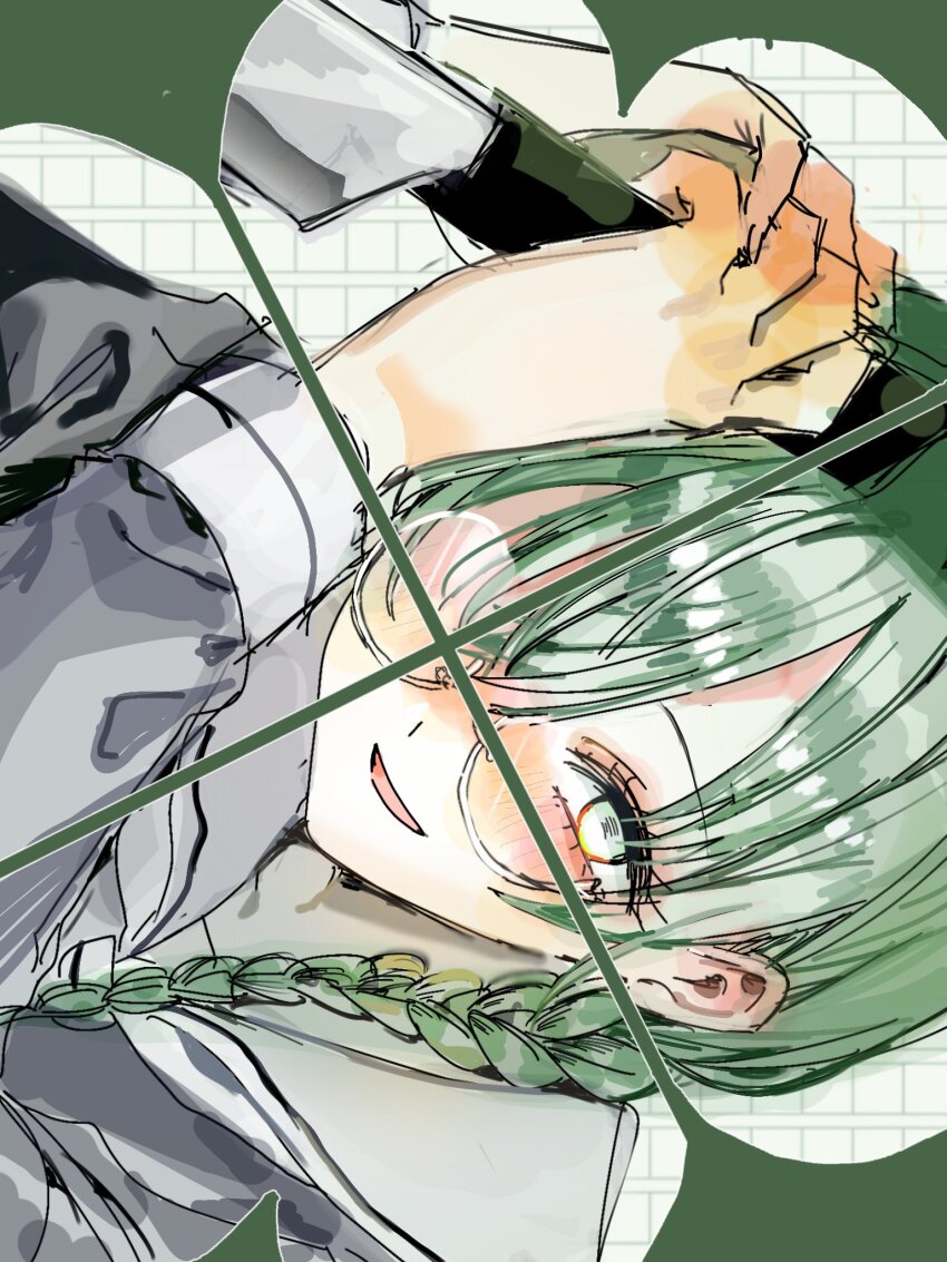 1girl blush braid closed_mouth clover clover_knight_(vocaloid) commentary_request four-leaf_clover genkou_youshi glasses green_hair grey_shirt hair_over_one_eye hair_over_shoulder half-closed_eye hands_up highres holding holding_knife iyowa_girls knife long_hair long_sleeves looking_at_viewer midori-chan_(iyowa) own_hands_together portrait reverse_grip round_eyewear s5ju sailor_collar semi-rimless_eyewear shirt sideways smile solo two-handed white_background white_eyes white_sailor_collar