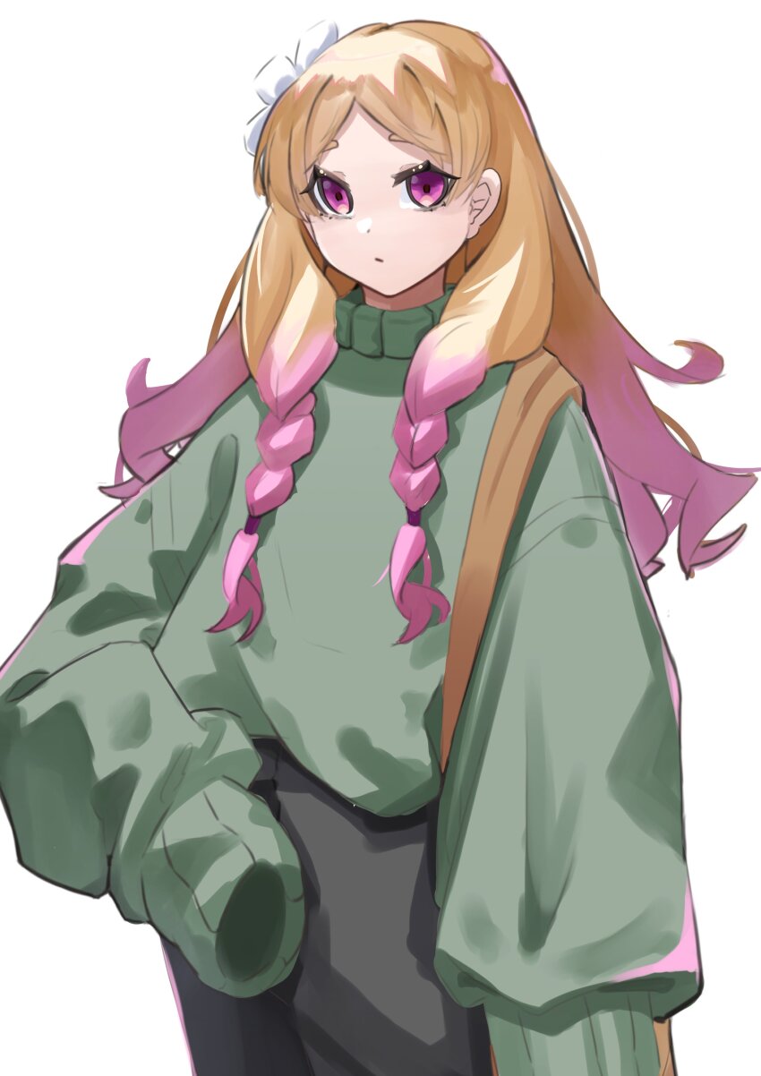 1girl absurdres artist_request bad_link black_pants blonde_hair braid cowboy_shot flower gradient_hair green_sweater hair_flower hair_ornament highres long_hair love_live! love_live!_superstar!! multicolored_hair onitsuka_natsumi oversized_clothes oversized_sweater pants parted_bangs parted_lips pink_hair purple_eyes simple_background sleeves_past_fingers sleeves_past_wrists solo source_request standing sweater twin_braids two-tone_hair wavy_hair white_background