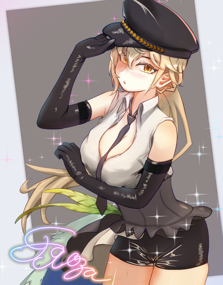 1girl :o absurdres adjusting_clothes adjusting_headwear arm_support arm_under_breasts bare_shoulders between_breasts black_gloves black_necktie black_shorts blonde_hair blush breast_rest breasts cleavage collared_dress commentary_request curious dress elbow_gloves girls&#039;_frontline_2:_exilium gloves groza_(girls&#039;_frontline_2) hair_between_eyes hand_up hat highres long_hair looking_at_viewer lotan medium_breasts necktie necktie_between_breasts ots-14_(girls&#039;_frontline) pleated_dress ponytail short_dress short_shorts shorts sleeveless sleeveless_dress solo thighs very_long_hair yellow_eyes