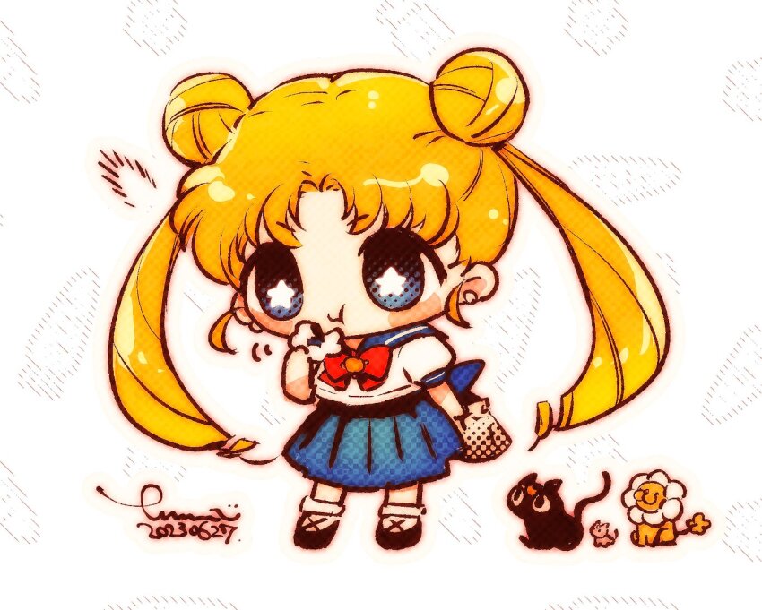 1girl 3others bishoujo_senshi_sailor_moon black_cat cat chibi eating food luna_(sailor_moon) multiple_others school_uniform signature simple_background tsukino_usagi u_emmm white_background