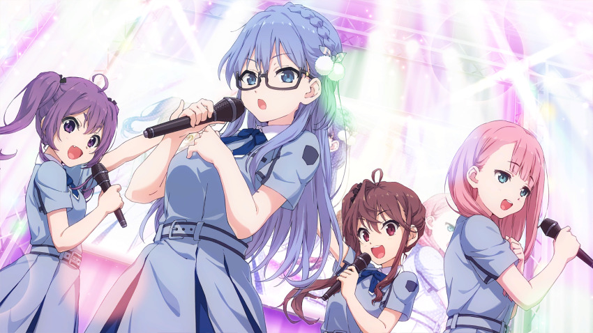 22/7 22/7_ongaku_no_jikan 4girls ahoge belt black-framed_eyewear black_ribbon blue_belt blue_bow blue_bowtie blue_eyes blue_hair blurry bow bowtie braid brown_eyes brown_hair brown_scrunchie center-flap_bangs concert depth_of_field dutch_angle fang game_cg green_eyes hair_between_eyes hair_ornament hair_ribbon hair_scrunchie hand_on_own_chest high_side_ponytail highres holding holding_microphone idol kamiki_mikami lens_flare light_blue_hair long_hair looking_at_viewer maruyama_akane microphone multiple_girls non-web_source official_art outstretched_arm pink_hair purple_eyes purple_hair rectangular_eyewear ribbon screen_zoom scrunchie semi-rimless_eyewear short_sleeves single_braid single_sidelock smile stage_lights teeth toda_jun tojo_yuki twintails under-rim_eyewear uniform upper_teeth_only