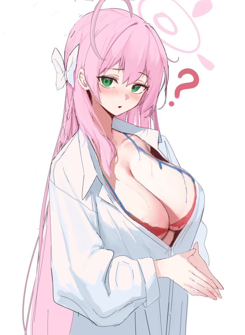 1girl ? absurdres ahoge blue_archive blush bodypaint bow braid breasts cleavage collarbone green_eyes hair_bow halo hanako_(blue_archive) hanako_(swimsuit)_(blue_archive) highres large_breasts long_hair long_sleeves looking_at_viewer open_mouth pink_hair rinhee shirt side_braid solo thighs very_long_hair white_shirt