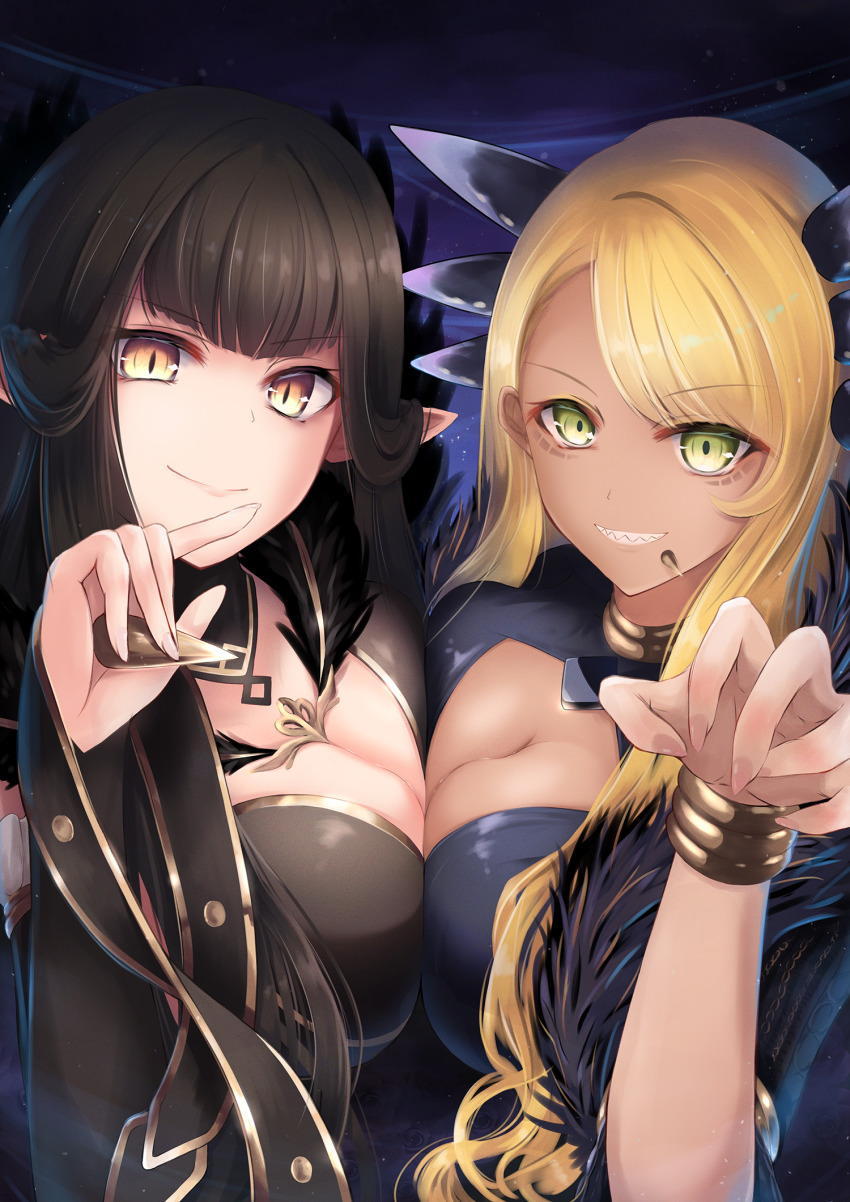 2girls armlet black_dress black_hair blonde_hair bracelet breasts bridal_gauntlets dark-skinned_female dark_skin dragon_girl dragon_horns dress facial_mark fate/apocrypha fate/grand_order fate_(series) fur_trim grin highres horns jewelry large_breasts long_hair long_sleeves looking_at_viewer multiple_girls niboshin_(usagi_drive) pointy_ears semiramis_(fate) sharp_teeth sidelocks slit_pupils smile spikes swept_bangs teeth very_long_hair vritra_(fate) yellow_eyes