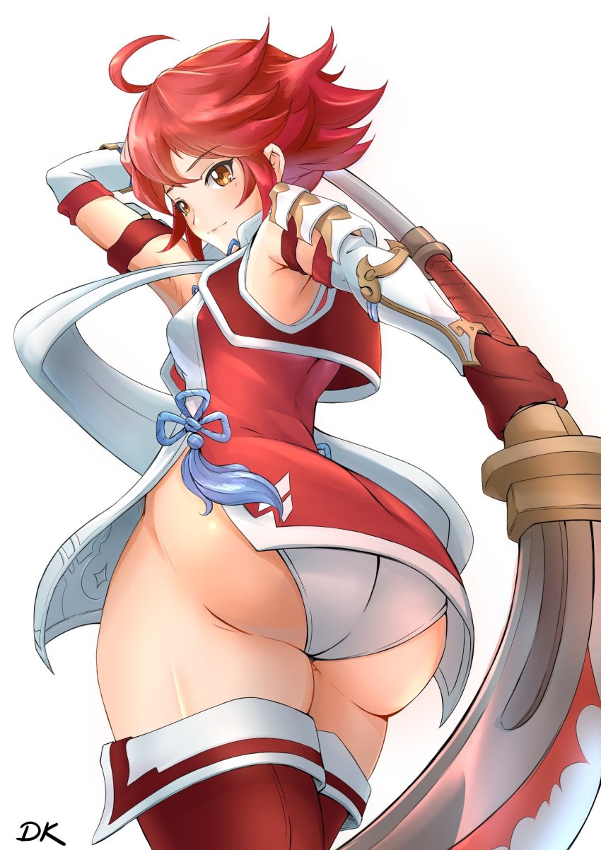 1girl ahoge arm_guards armor artist_name ass boots breasts brown_eyes closed_mouth commentary_request deekei dress dutch_angle fire_emblem fire_emblem_fates from_behind gloves highres hinoka_(fire_emblem) holding holding_weapon huge_ass japanese_clothes lisp naginata nintendo panties pantyshot polearm red_footwear red_hair scarf shiny_skin short_dress short_hair signature simple_background sleeveless small_breasts smile solo spear standing thick_thighs thigh_boots thighhighs thighs underwear weapon white_background white_panties white_scarf