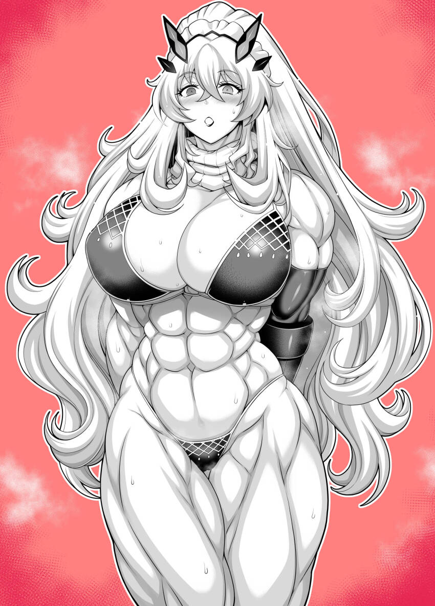 1girl abs absurdres aoyama_akira bare_shoulders barghest_(fate) biceps blonde_hair blush breasts cleavage fate/grand_order fate_(series) forked_eyebrows green_eyes heterochromia highres horns huge_breasts large_breasts long_hair looking_at_viewer monochrome muscular muscular_female navel obliques open_mouth red_background red_eyes steaming_body swimsuit tall_female thick_thighs thighs toned