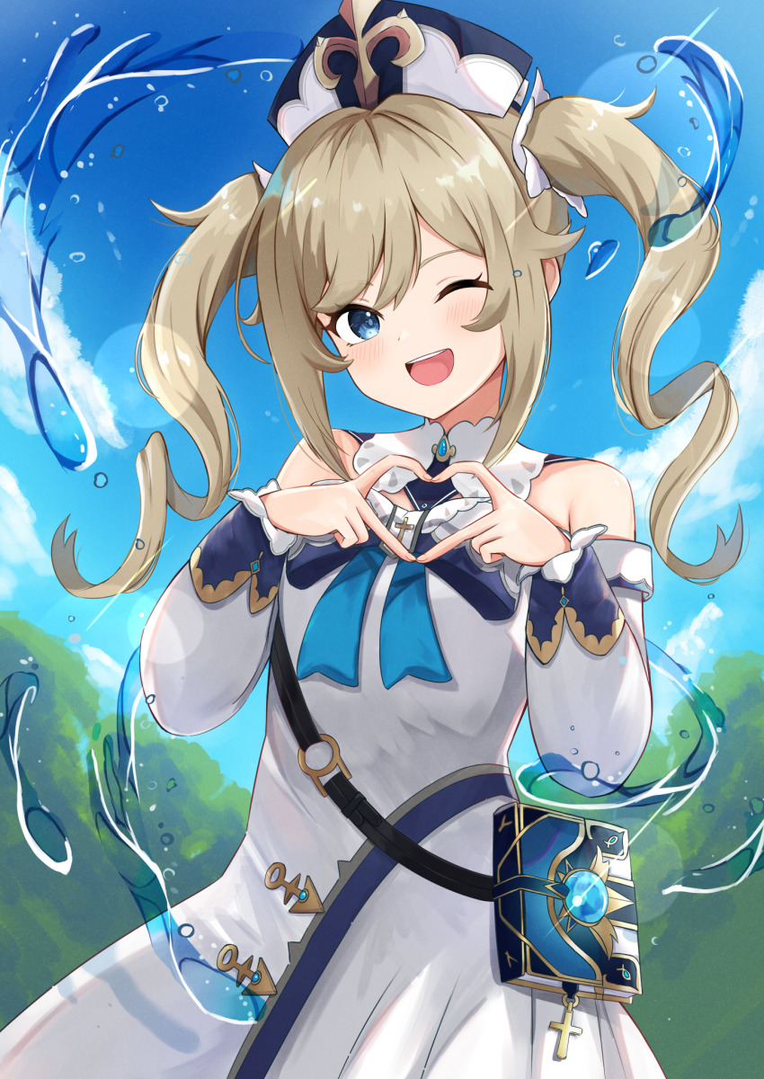 1girl ;d barbara_(genshin_impact) bare_shoulders blonde_hair blue_eyes blue_sky blush book bow bowtie commentary cross day dress genshin_impact hair_ornament heart heart_hands highres idol latin_cross long_sleeves looking_at_viewer one_eye_closed open_mouth sera_narumu sky smile solo twintails water white_dress white_headwear