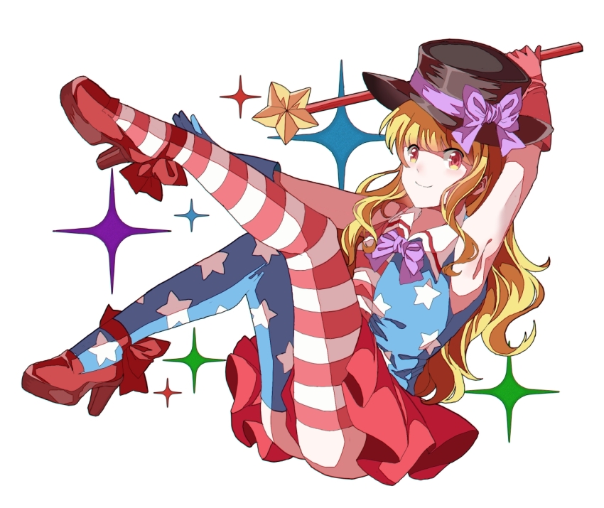 1girl adapted_costume american_flag american_flag_legwear american_flag_print american_flag_shirt arm_up armpits asymmetrical_gloves asymmetrical_legwear bare_shoulders black_hat blonde_hair blue_gloves blunt_bangs blush bow bowtie closed_mouth clownpiece collared_shirt commentary eyes_visible_through_hair flag_print footwear_bow full_body gloves happy hat high_heels holding holding_wand knees_together_feet_apart leaning_back legs_up long_hair looking_at_viewer magician miniskirt mismatched_gloves mismatched_legwear nymphus orange_eyes outstretched_arm pleated_skirt print_shirt purple_bow purple_bowtie red_bow red_footwear red_gloves red_skirt shirt sidelocks simple_background sitting skirt sleeveless sleeveless_shirt smile solo sparkle star_(symbol) thighhighs top_hat touhou wand wavy_hair white_background