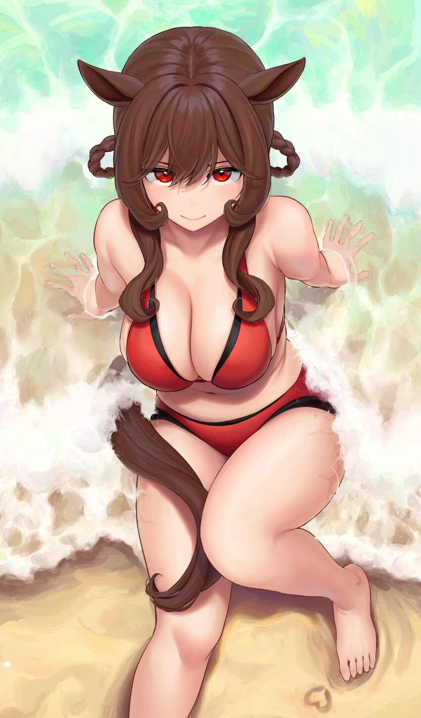 1girl absurdres animal_ears arm_support bikini braid braided_hair_rings breasts brown_hair brown_tail closed_mouth commentary curly_sidelocks full_body gentildonna_(umamusume) hair_between_eyes hair_rings highres horse_ears horse_girl horse_tail hukahito large_breasts leaning_back long_sidelocks looking_at_viewer looking_up navel red_bikini red_eyes sand sidelocks sitting smile solo swimsuit tail thighs umamusume water