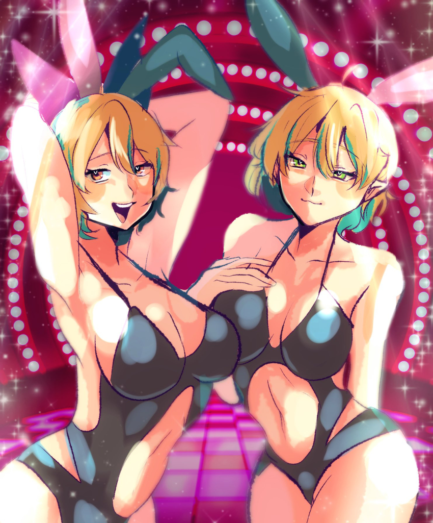 2girls alternate_costume animal_ears arm_support armpits black_leotard blonde_hair blush breasts brown_eyes cleavage closed_mouth clothing_cutout collarbone commentary_request cowboy_shot fake_animal_ears green_eyes hand_on_own_chest heart heart-shaped_pupils highres inubota_21 kurodani_yamame large_breasts leotard looking_at_viewer mizuhashi_parsee multiple_girls navel_cutout open_mouth playboy_bunny pointy_ears rabbit_ears short_hair smile sparkle spotlight symbol-shaped_pupils teeth touhou upper_teeth_only