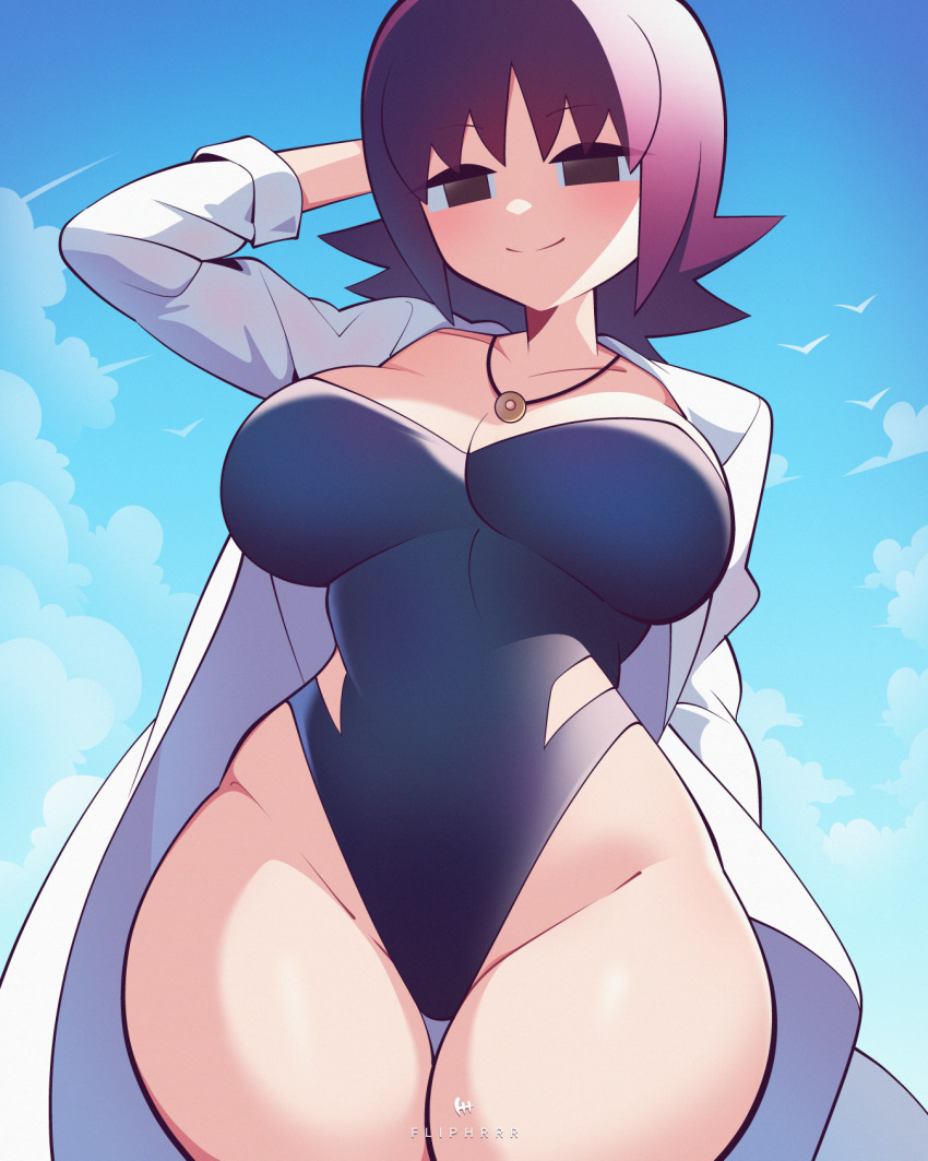 1girl artist_name bare_hips blue_one-piece_swimsuit blue_sky breasts brown_eyes cleavage closed_mouth coat cowboy_shot creatures_(company) day female_focus flipherrrr from_below game_freak highres huge_breasts jewelry large_breasts looking_at_viewer looking_down mature_female naughty_face necklace nintendo no_nose no_pupils one-piece_swimsuit open_clothes open_coat outdoors philena_ivy pokemon pokemon_(anime) pokemon_(classic_anime) pov purple_hair short_hair sky smile solo swimsuit thick_thighs thigh_gap thighs white_coat wide_hips