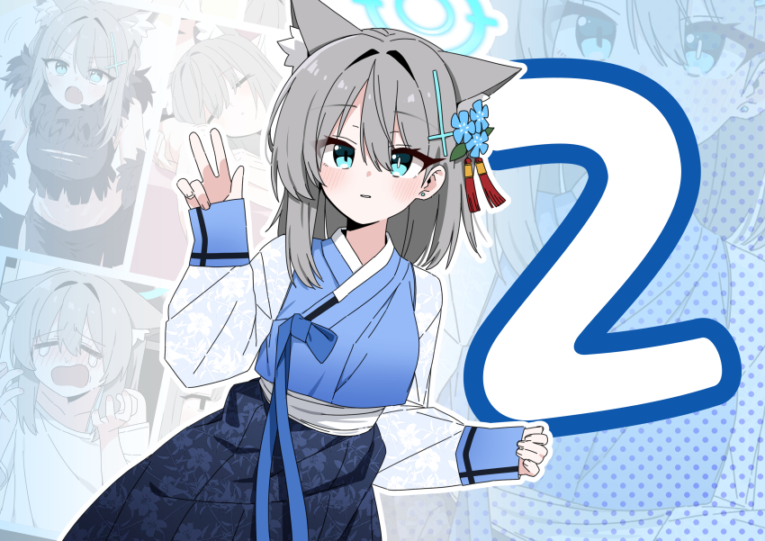 1girl 2025 absurdres animal_ear_fluff b.t._(boob_tong) blue_archive blue_eyes blue_flower blue_hanbok breasts dress finger_counting flower grey_hair hair_ornament hanbok highres korean_clothes light_blush medium_hair shiroko_(blue_archive) sleeves_past_wrists small_breasts thumbnail_collage