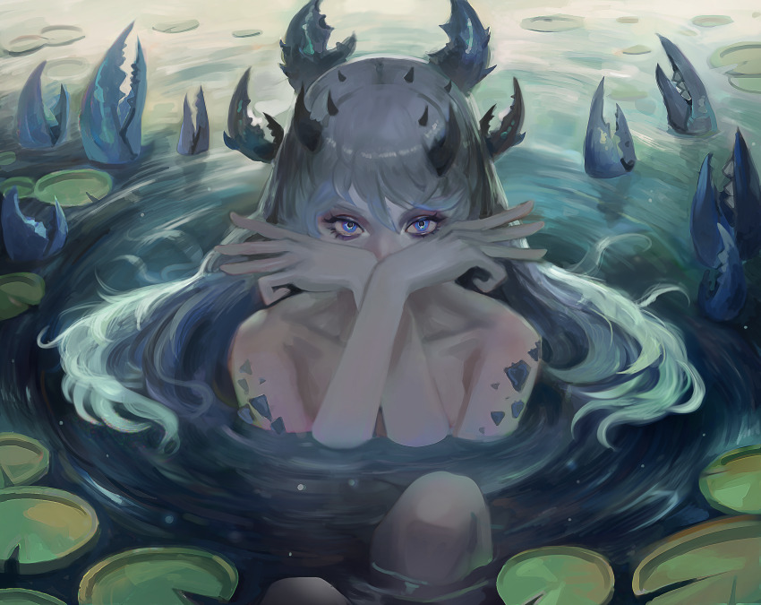 1girl black_horns blue_eyes cancer_(zodiac) collarbone commentary covered_mouth english_commentary grey_hair hair_between_eyes hands_up highres horns lily_pad long_hair looking_at_viewer multiple_horns nude original partially_submerged photoshop_(medium) pincers scales seuyan solo water zodiac