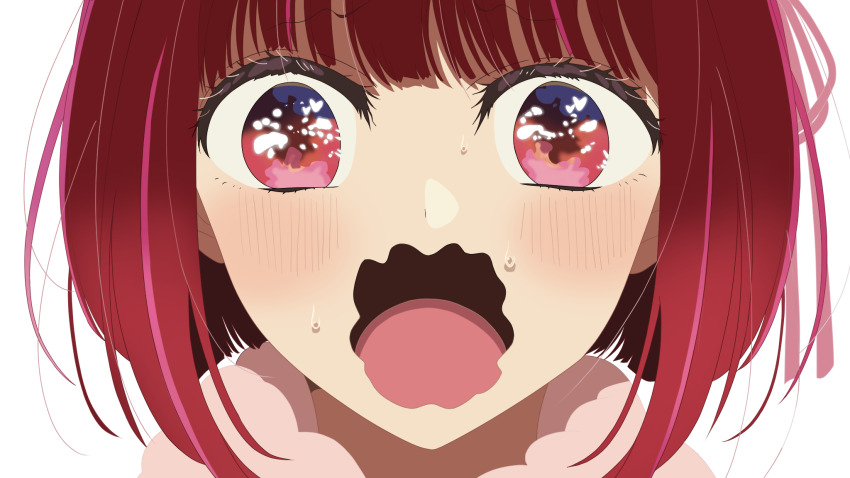 1girl arima_kana blush derivative_work fur_collar heart heart_in_eye highres multicolored_eyes open_mouth oshi_no_ko pink_hair portrait red_eyes red_hair short_hair solo sweat symbol_in_eye tongue wavy_mouth yuuri-622