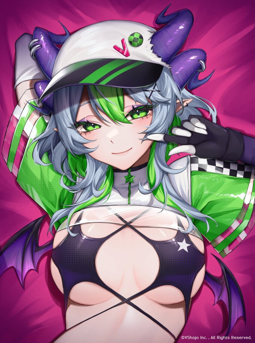 1girl apricot_the_lich apricot_the_lich_(race_queen) black_gloves breasts closed_mouth demon_girl demon_horns demon_wings earrings gloves green_eyes green_hair grey_hair hair_between_eyes highres horns jewelry looking_at_viewer medium_breasts medium_hair multiple_horns pointy_ears purple_horns purple_wings smile solo upper_body virtual_youtuber vshojo wings yoclesh