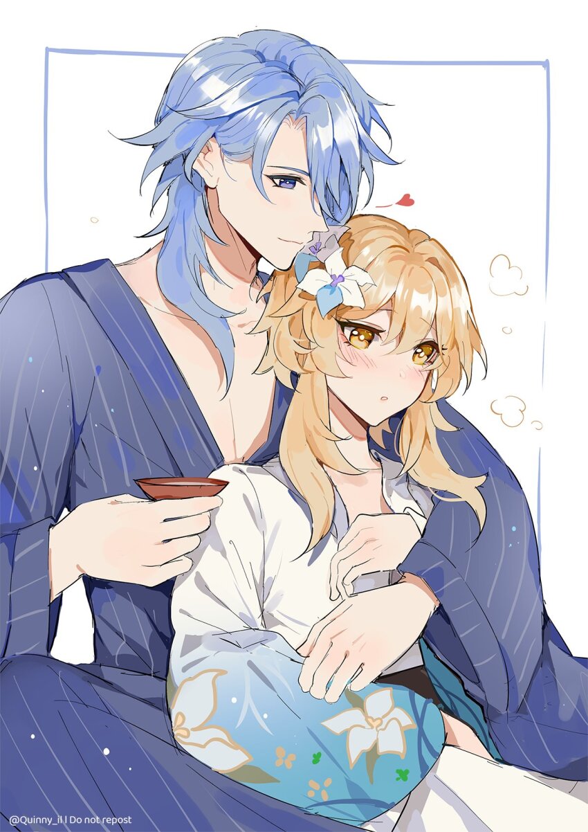 1boy 1girl blonde_hair blue_eyes blue_hair blush breasts cup flower genshin_impact hair_between_eyes hair_flower hair_ornament highres holding holding_cup japanese_clothes kamisato_ayato kimono long_hair long_sleeves lumine_(genshin_impact) open_mouth quinny_il small_breasts smile yellow_eyes yukata