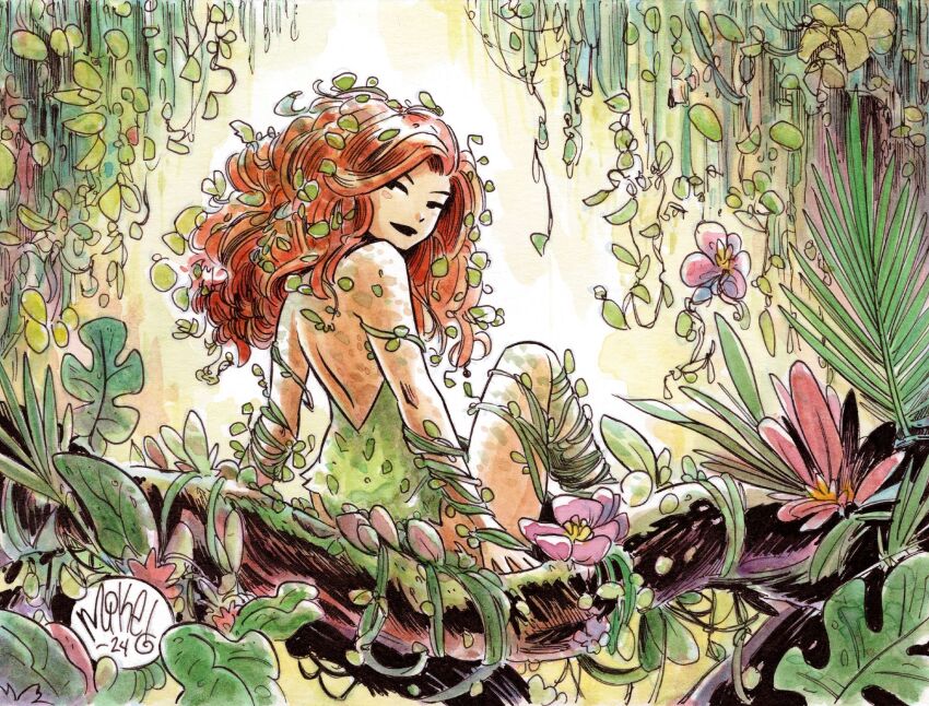 1girl arm_support artist_name bare_shoulders black_eyes black_lips dated dc_comics flower from_behind green_leotard highres leaf_clothing leaf_leotard leotard long_hair looking_back messy_hair mikemaihack plant plant_clothing poison_ivy red_hair sitting solo strapless strapless_leotard tree