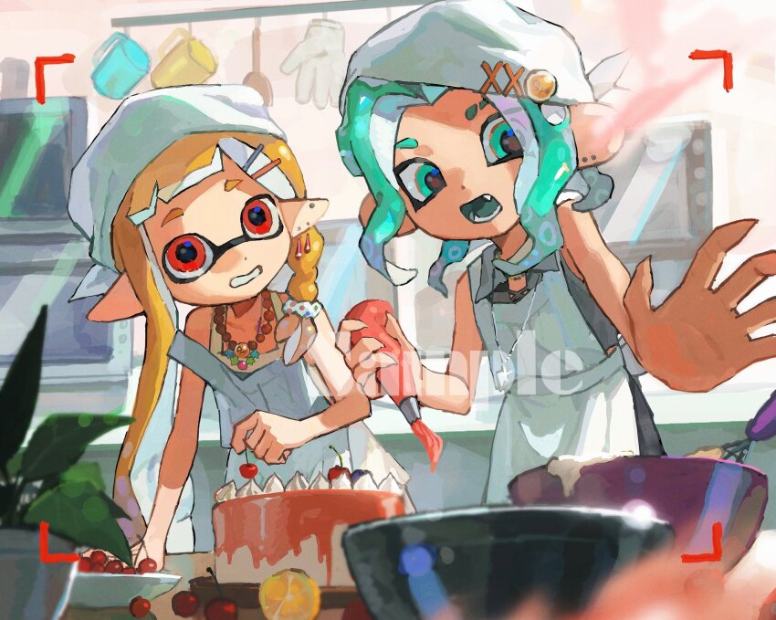 2girls apron aqua_eyes aqua_hair aqua_tongue asymmetrical_hair baking bead_necklace beads blonde_hair braid cake cherry clenched_teeth commentary dress earrings eyebrow_cut fang fingernails food fruit golden_egg_(splatoon) grey_dress hair_behind_ear hair_ornament hair_scrunchie hairclip head_scarf highres holding indoors inkling inkling_girl inkling_player_character jewelry long_hair medium_hair miko_(15476997) mixing_bowl multiple_girls necklace nintendo octoling octoling_girl octoling_player_character open_mouth outstretched_arm pastry_bag pointy_ears red_eyes sample_watermark scrunchie sharp_fingernails single_braid sleeveless sleeveless_dress splatoon_(series) stud_earrings suction_cups teeth tentacle_hair viewfinder watermark white_apron white_scrunchie x_hair_ornament yellow_dress