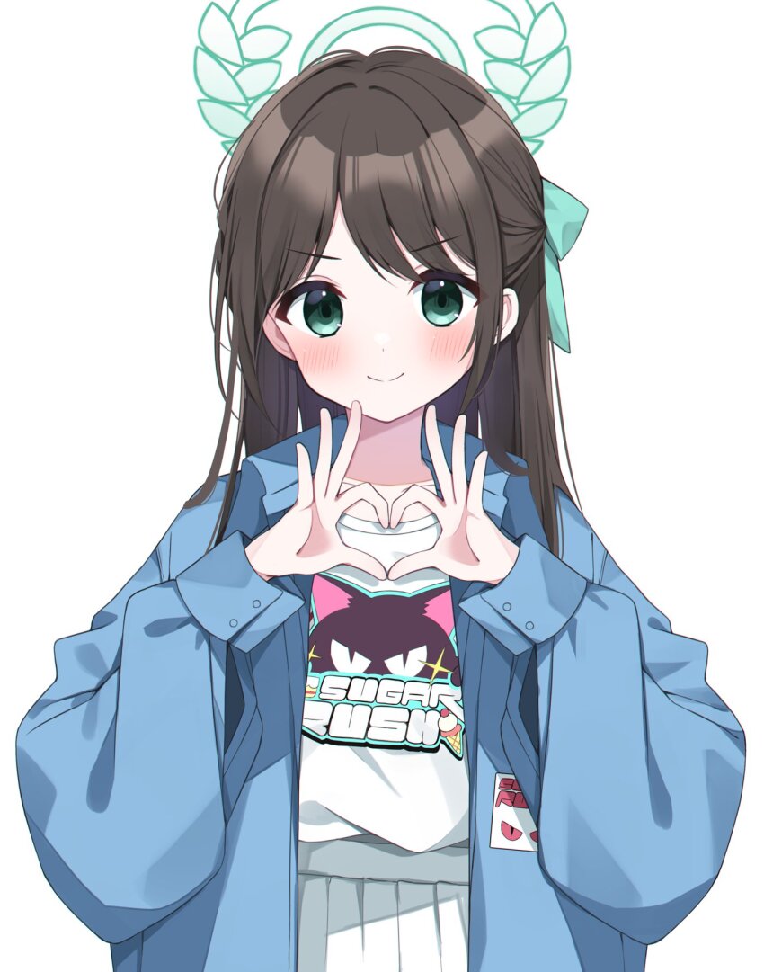 1girl 4-finger_heart_hands airi_(band)_(blue_archive) airi_(blue_archive) black_hair blue_archive blue_jacket blush closed_mouth green_eyes green_halo halo heart heart_hands highres jacket long_hair looking_at_viewer murase48 official_alternate_costume open_clothes open_jacket pleated_skirt simple_background skirt smile solo white_background white_hair white_skirt